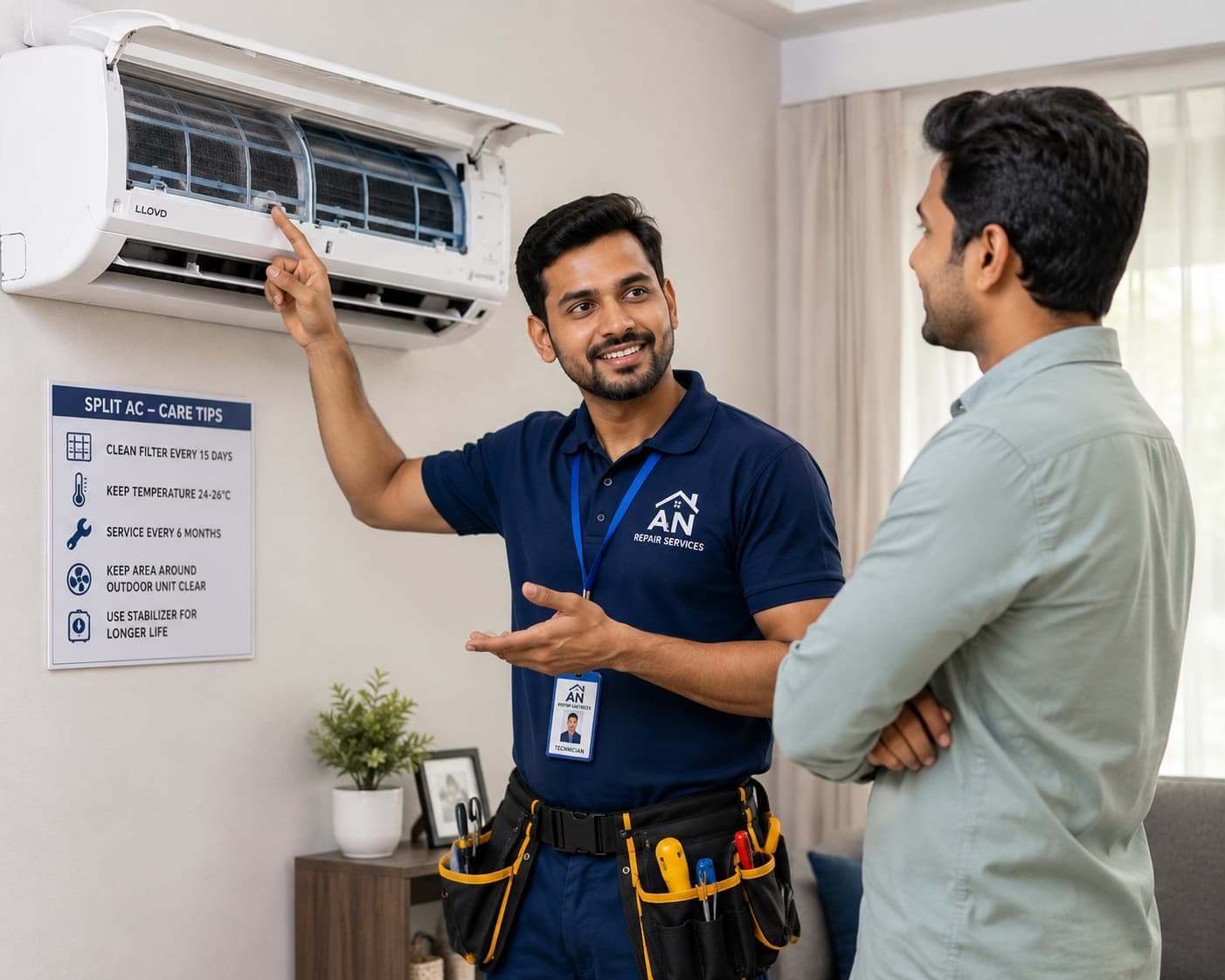 AN Repair Services technician explaining about split ac during a service call in Kamareddy